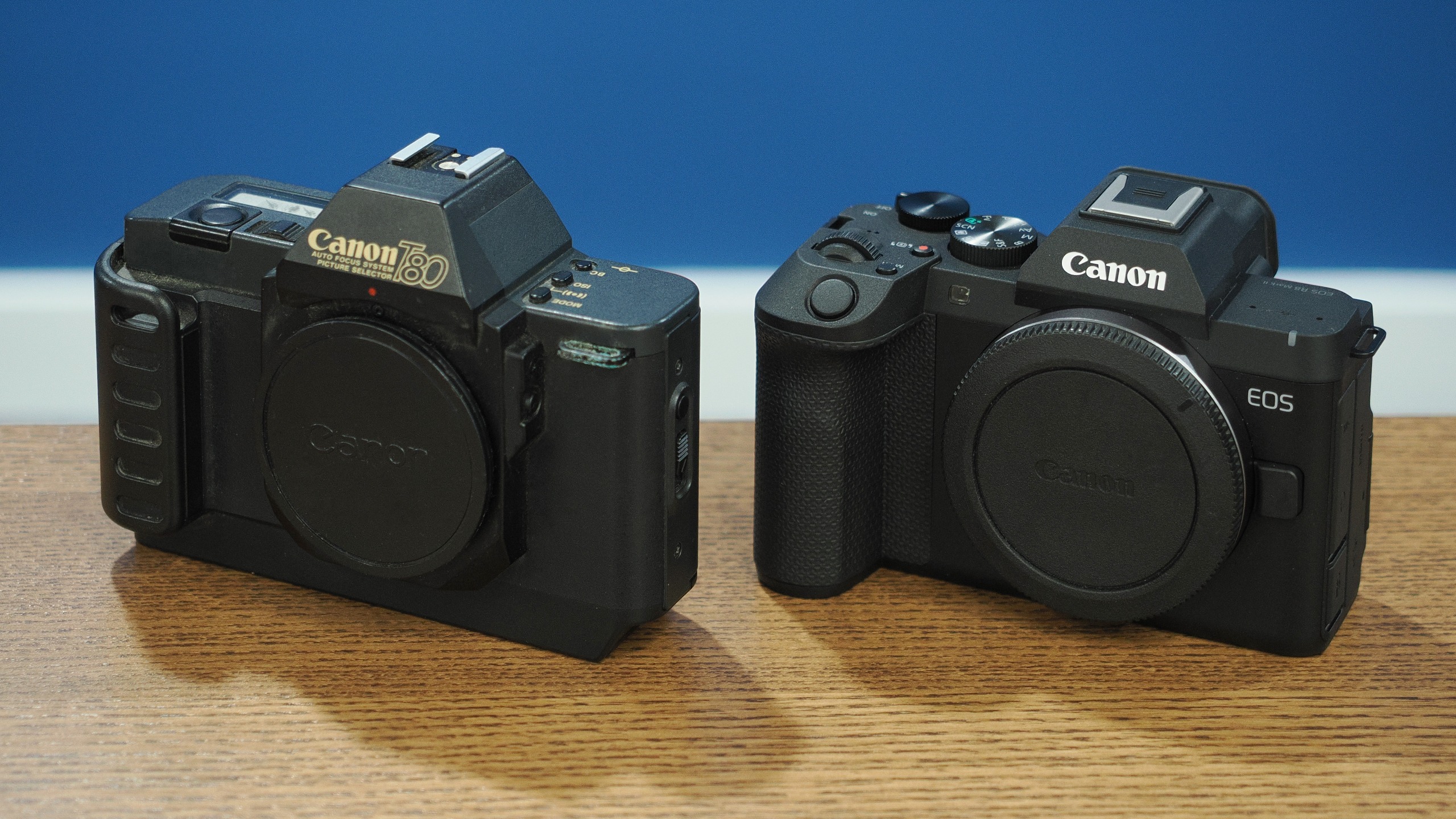 Canon EOS R8 Mark II next to a Canon T80