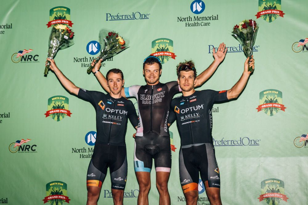 Your stage two podium &ndash;&nbsp;Stefan Rothe (Elbowz racing), Ryan Anderson (Optum Pro Cycling) and Guillaume Boivin (Optum Pro Cycling)