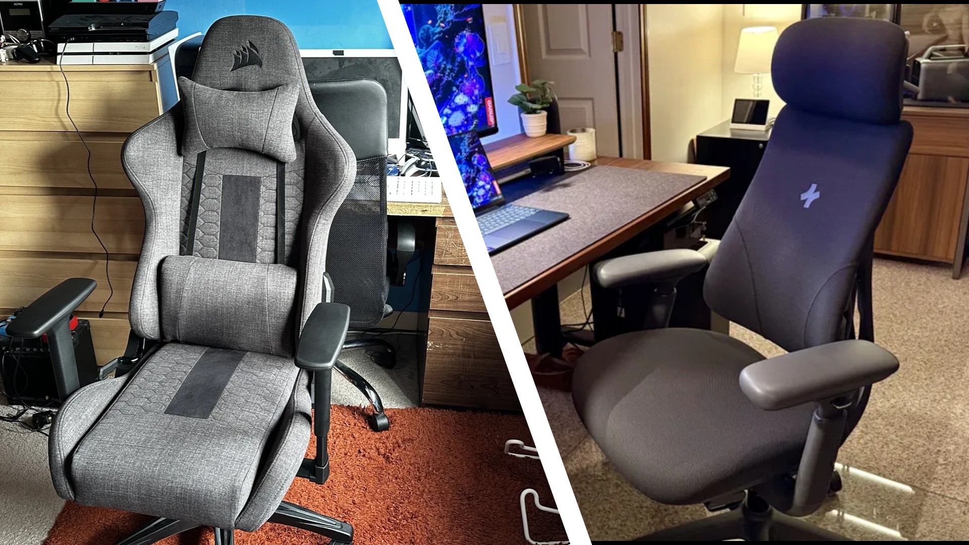 The LiberNovo and Corsair TC100 Relaxed office chairs during our review process, on a split screen