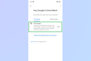 A screenshot of the Hey Google and Voice Match menu with the Hey Google option toggled off and highlighted by a green square