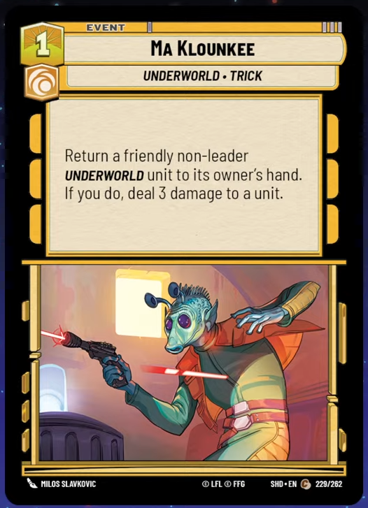 The Ma Klounkee card in Star Wars: Unlimited, showing Greedo being hit by a blaster bolt.