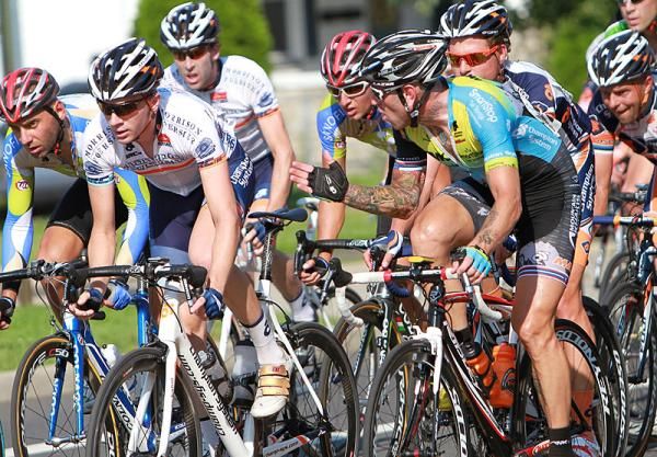 Team Mountain Khakis/SmartStop&rsquo;s Adam Myerson gets something off his chest to the local riders of Champion System p/b Stan&rsquo;s NoTubes