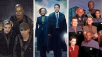 Split image showing the main cast of three sci-fi shows from the 1990s: Stargate SG-1, The X-Files, and Star Trek: Deep Space Nine.