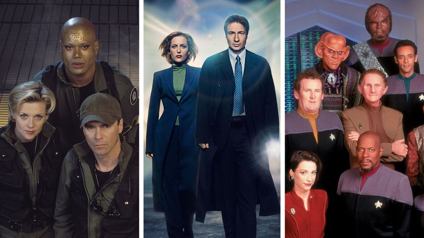Split image showing the main cast of three sci-fi shows from the 1990s: Stargate SG-1, The X-Files, and Star Trek: Deep Space Nine.