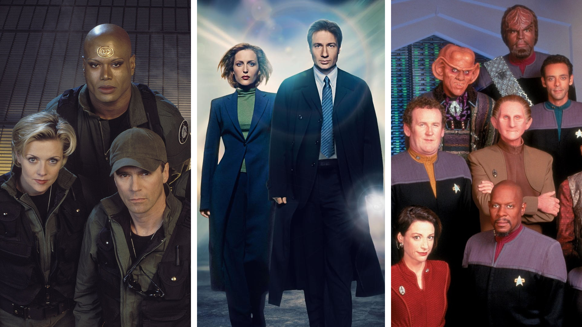 Split image showing the main cast of three sci-fi shows from the 1990s: Stargate SG-1, The X-Files, and Star Trek: Deep Space Nine.