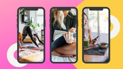 a composite image showing one woman doing yoga, one journaling, one drinking a green juice, to illustrate morning routines TikTok