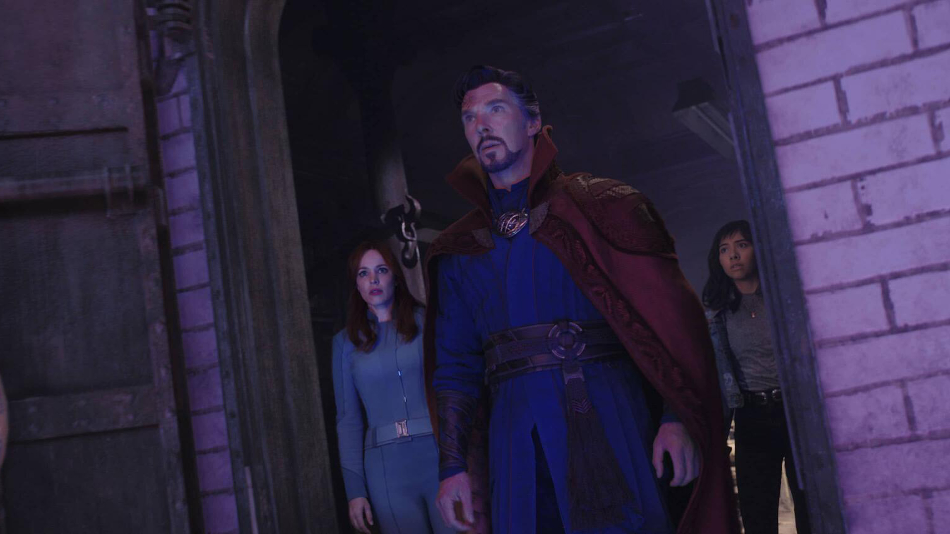 Doctor Strange, Christine Palmer and America Chavez look out into the multiverse in Doctor Strange 2
