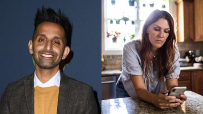 Dr Amir Khan profile next to woman looking at phone to contact her doctor about hormonal issue symptoms