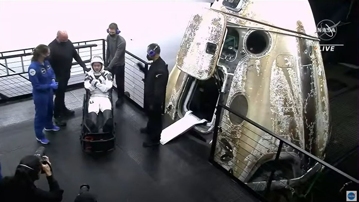 The Crew-2 astronauts are extracted from their Crew Dragon Endeavour capsule after a successful splashdown on Nov. 8, 2021.