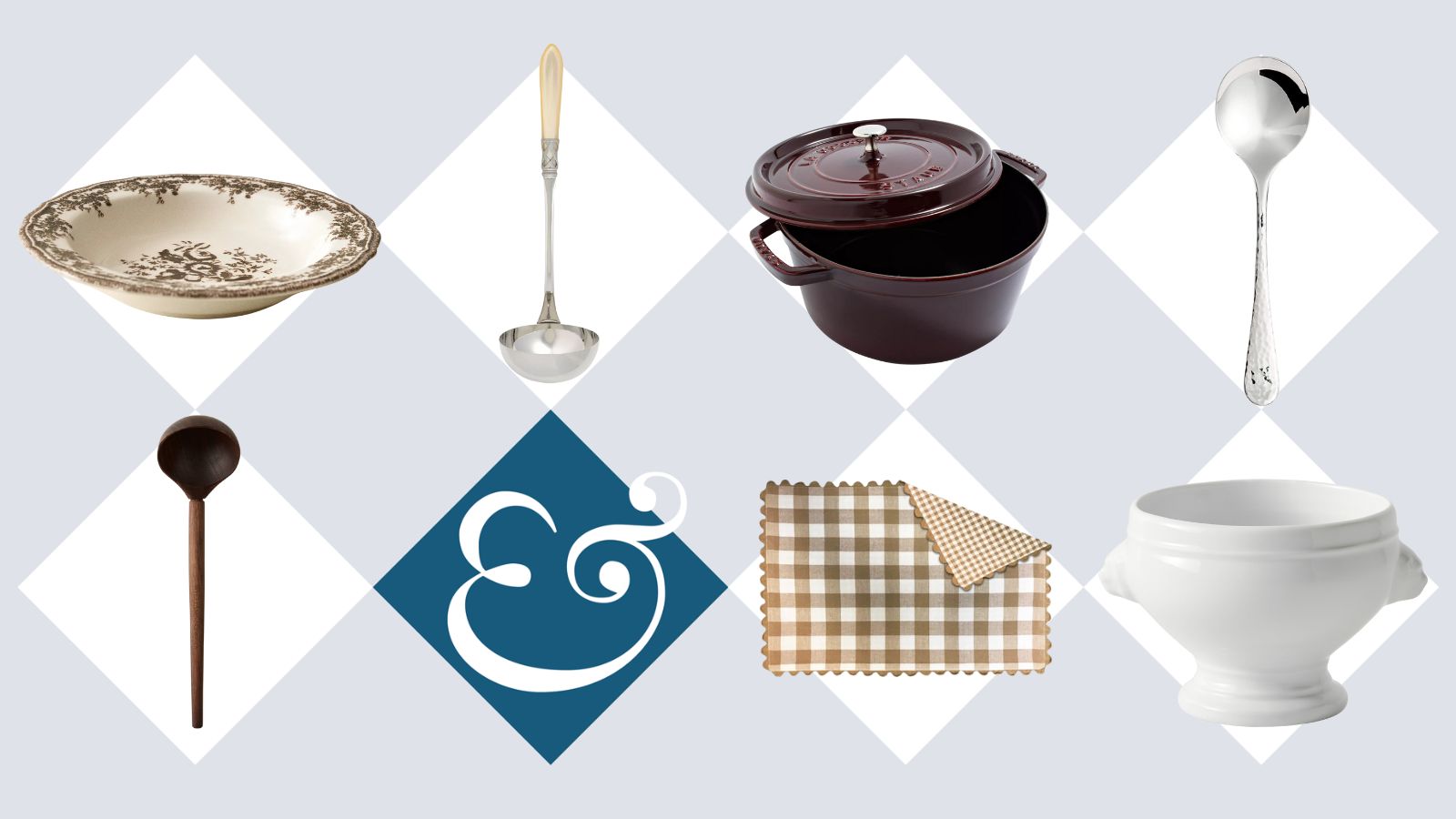 Soup essentials including ladles, spoons, bowls and placemats