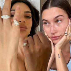 Collage of women wearing diamond pinkie rings.