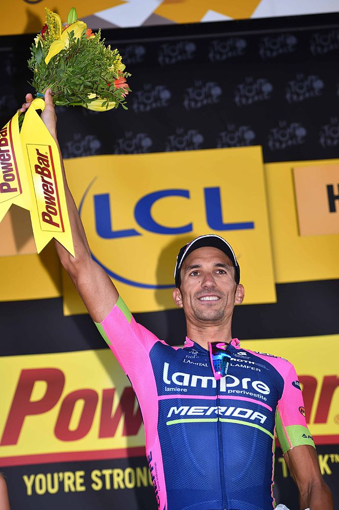 Ruben Plaza (Lampre-Merida) on the podium as the stage 16 winner