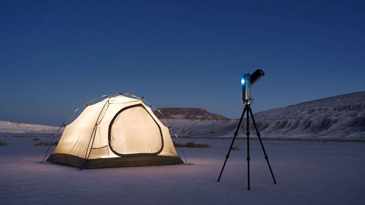 A luminous tent and the Vaonis Vespera II - X edition in a white desert with hills in the background and a blue sky.