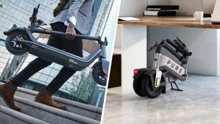 Someone carrying a Niu KQi3 Pro up some stairs, and a Pure Electric scooter folded up under a desk
