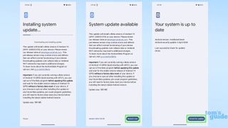 Screenshots showing the Android 15 update downloading and installed