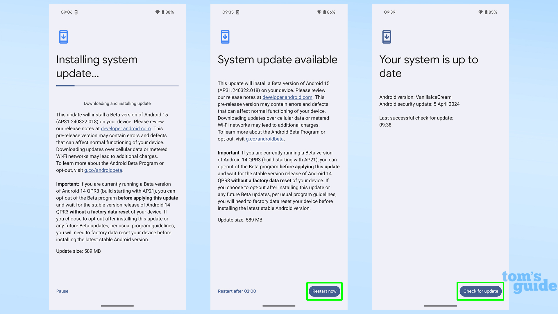 Tangkapan layar menunjukkan pengunduhan dan pemasangan pembaruan Android 15