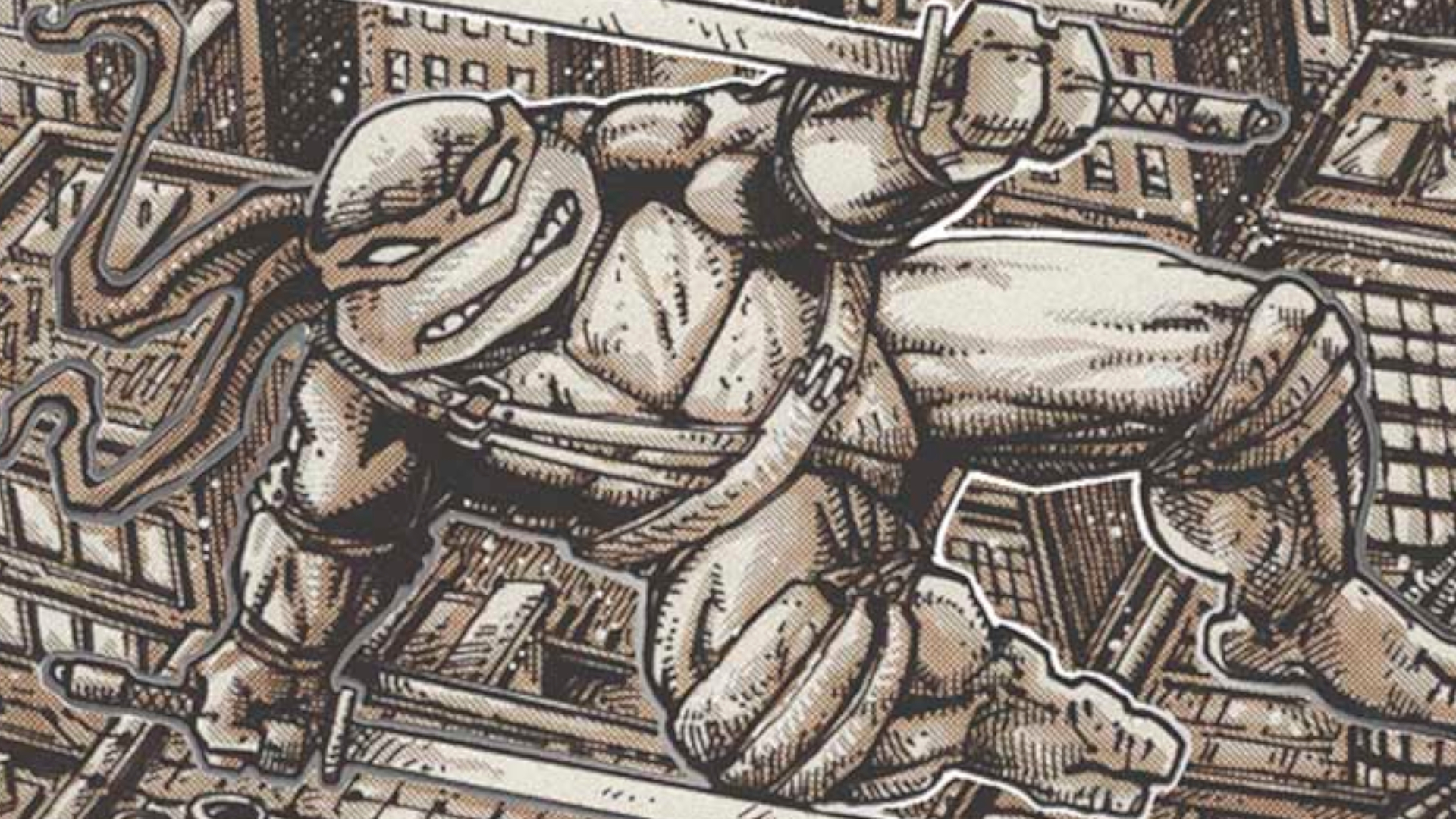 Line art of a turtle swinging through the city, with swords raised