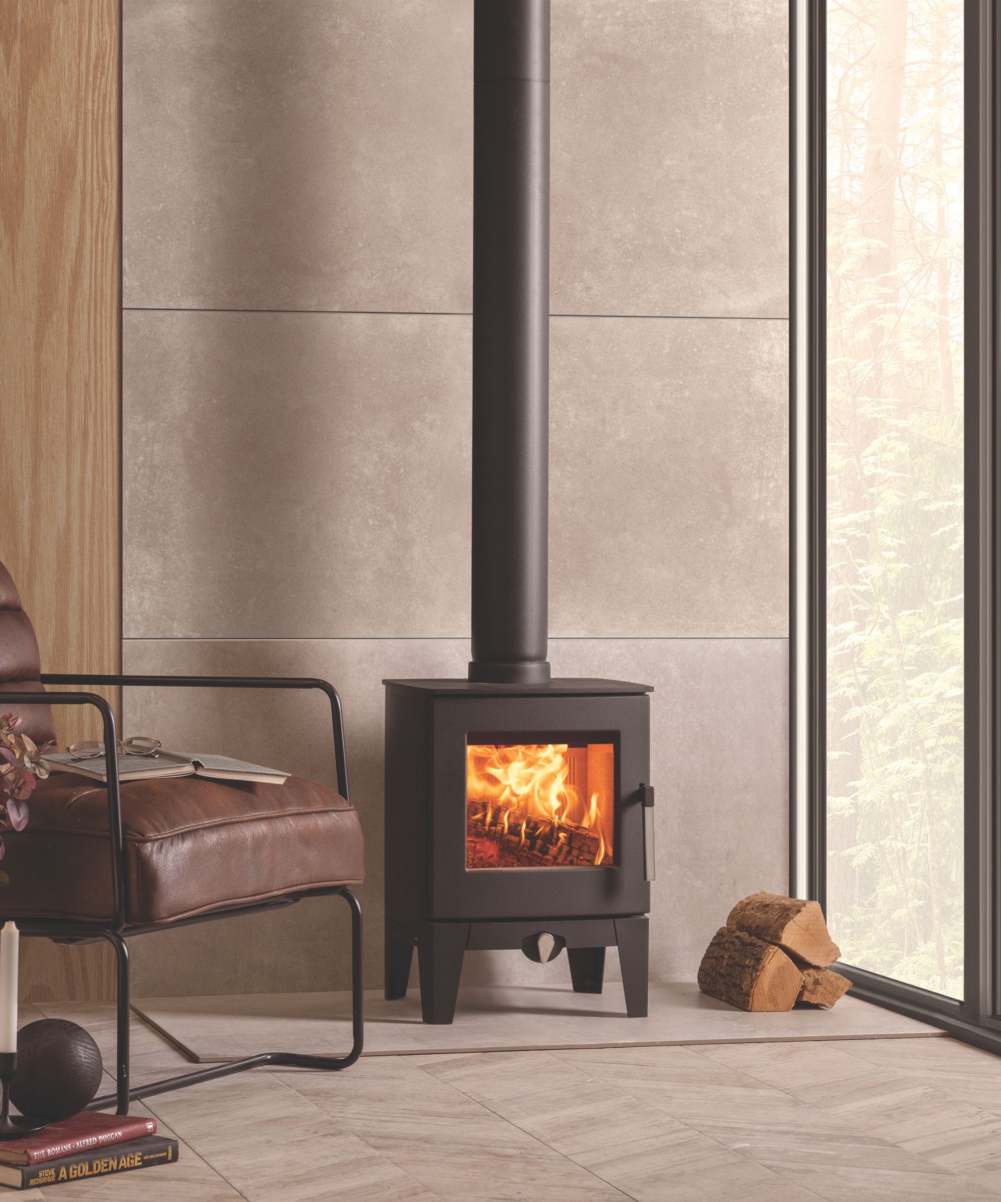 A compact log burner in a contmporary lounge with a glass external wall