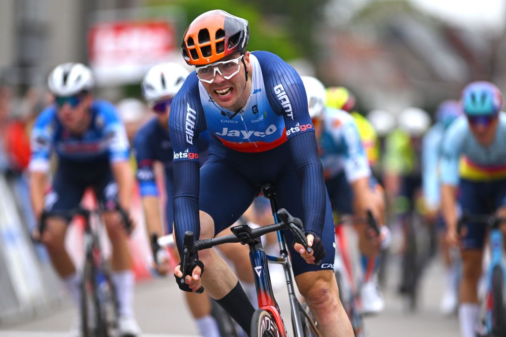 LICHTERVELDE BELGIUM SEPTEMBER 25 Max Walscheid of Germany and Team Jayco AlUla celebrates at finish line as race winner during the 77th Omloop van het Houtland 2024 a 1952km one day race from Eernegem to Lichtervelde on September 25 2024 in Lichtervelde Belgium Photo by Luc ClaessenGetty Images
