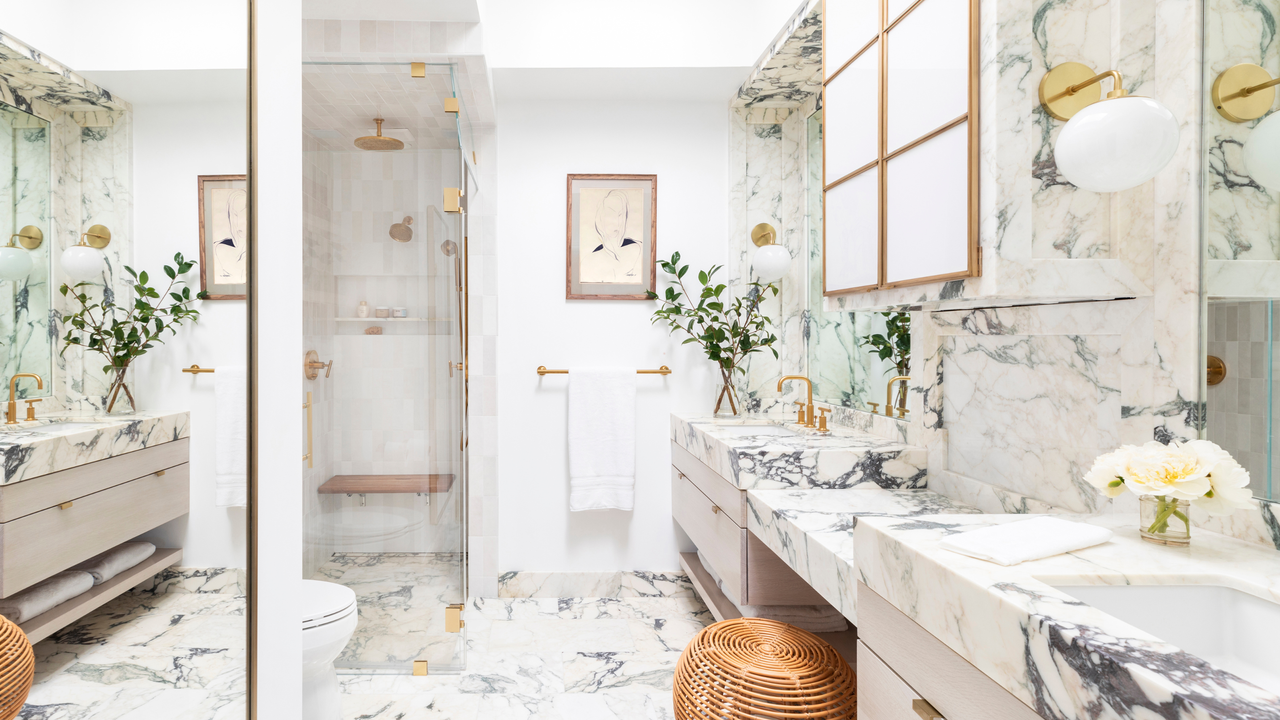 huge marble bathroom all in one stone with a double vanity