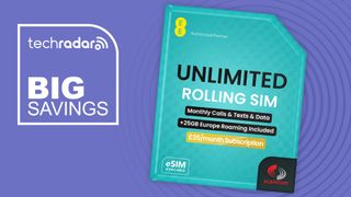 An EE SIM pack with the words 'Unlimited Rolling SIM' printed on it, on a purple background next to a white TechRadar badge in the upper left corner that reads 'Big Savings'