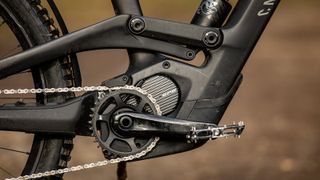 Closeup of motor and chain on the Canyon Torque:ON CF 9 e-MTB