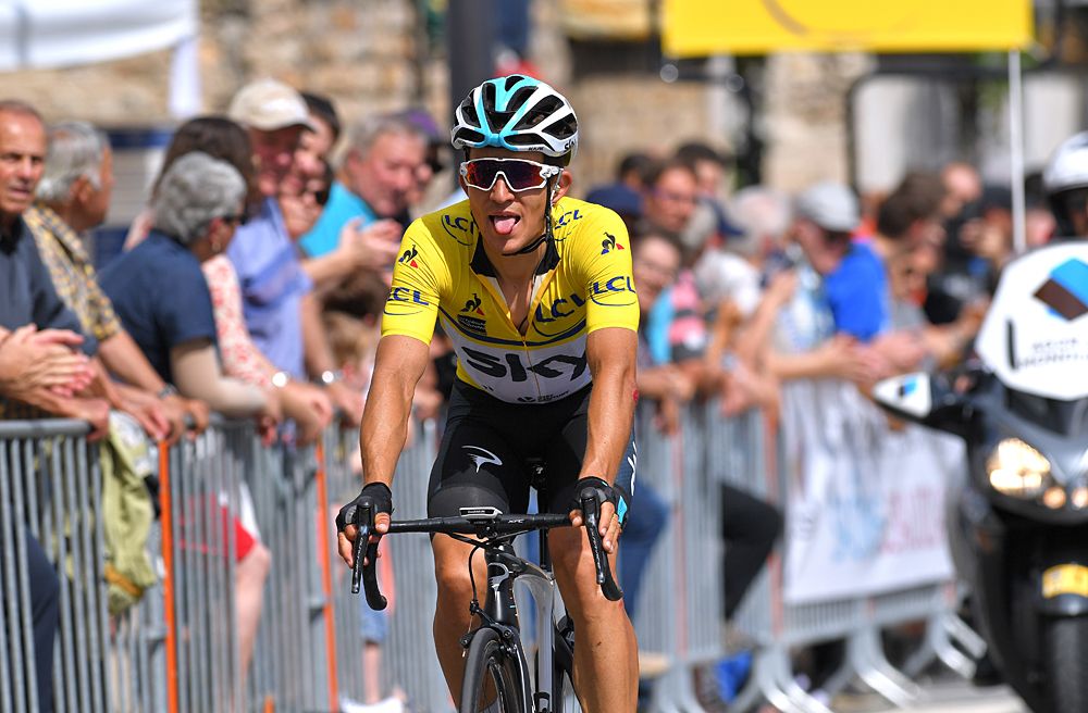 Michal Kwiatkowski (Team Sky) crashed while wearing the leader's jersey at the end of stage 2 of the Crit&eacute;rium du Dauphin&eacute;