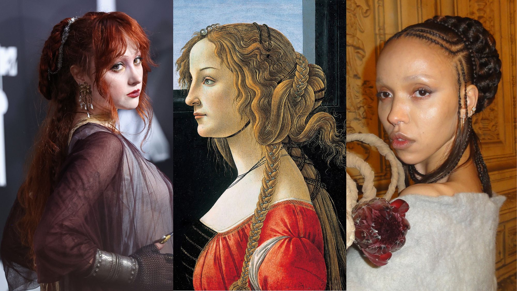 Chappell Roan attends the 2024 MTV Video Music Awards at UBS Arena on September 11, 2024 in Elmont, New York; Profile portrait of a young woman, probably Simonetta, painting by Sandro Botticelli (1445 - 1510), one of the most important Italian painters and draftsmen of the early Renaissance, historical, digitally restored reproduction from an original; Image of FKA Twigs&rsquo; Renaissance-inspired look at The Fashion Awards 2025.