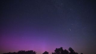 A view of the night sky as the interaction between the Earth's magnetic field and solar particles cause the Northern Lights (Aurora Borealis), and the Perseid meteor occur, observed at the Gulpe Sternenpark in Havelaue, Havelland district of Brandenburg, Germany on August 13, 2024. The sky is colored purple from the northern lights.