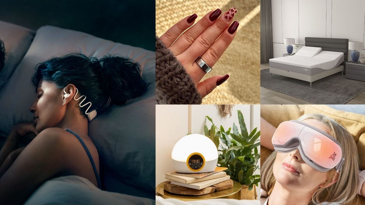 a collage of sleep tech gadgets including sleep headphones, a smart ring, sleep mask, smart bed and sunrise alarm clock