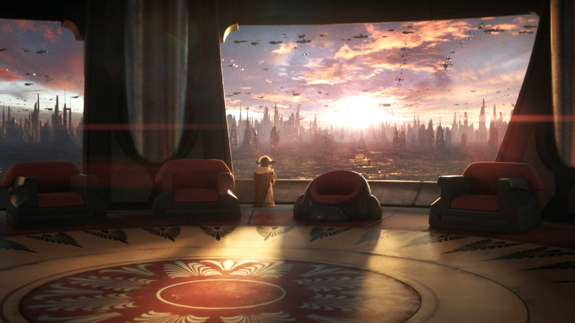 A still provided by Quantic Dream for Star Wars Eclipse featuring Yoda standing alone in the Jedi council room looking out a window.