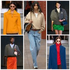 collage of women wearing quarter zips on the runways of chanel, tory burch, and sandy liang