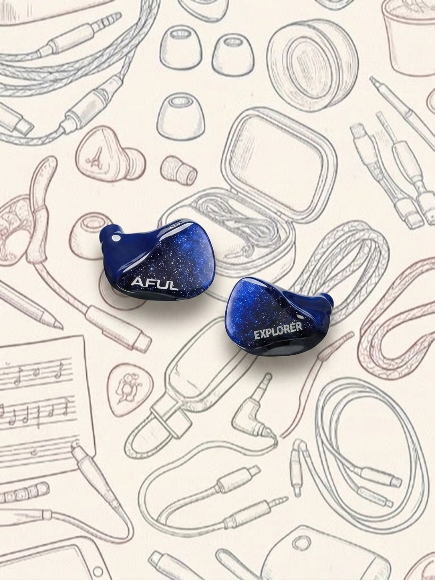 A selection of in-ear monitors on an AI-generated, illustrative background.