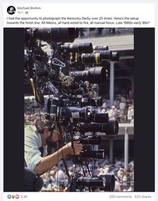 Photographer Michael Brohm, in the late 1980s / early 1990s, setting up 18 cameras at the Kentucky Derby