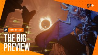 A flying blue enemy shoots yellow orbs in front of a fiery eclipse in Saros, with the orange GamesRadar+ Big Preview frame