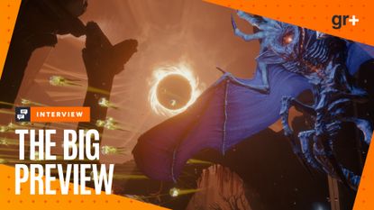 A flying blue enemy shoots yellow orbs in front of a fiery eclipse in Saros, with the orange GamesRadar+ Big Preview frame