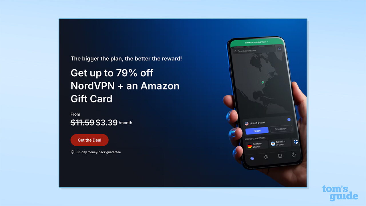 Screenshot of NordVPN's Amazon gift card deal on a blue background