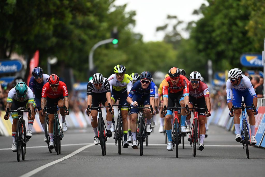 TANUDAZ AUSTRALIA JANUARY 18 LR Caleb Ewan of Australia and Australian National Team Hugo Hofstetter of France and Team Arkea Samsic Alessandro Covi of Italy and UAE Team Emirates Hugo Page of France and Team Intermarche Circus Wanty Paul Penhoet of France and Team Groupama FDJ Phil Bauhaus of Germany and Team Bahrain Victorious Emils Liepins of Latvia and Team Trek Segafredo and Michael Matthews of Australia and Team Jayco Alula sprint to win during the 23rd Santos Tour Down Under 2023 Stage 1 a 1499km stage from Tanunda to Tanunda on January 18 2023 in Tanunda Australia Photo by Tim de WaeleGetty Images