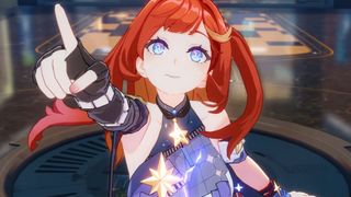 Honkai Impact 3rd Part 2 screenshot of a orange haired woman pointing off screen