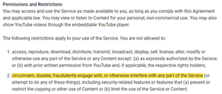 Snippet from YouTube's Terms of Service agreement