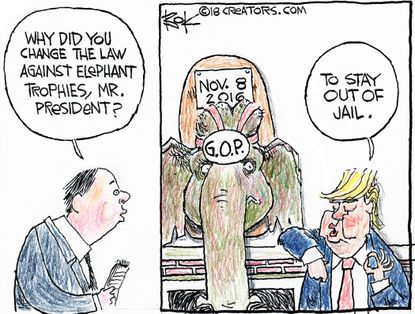 Political cartoon U.S. Trump elephant protections Russia Mueller investigation