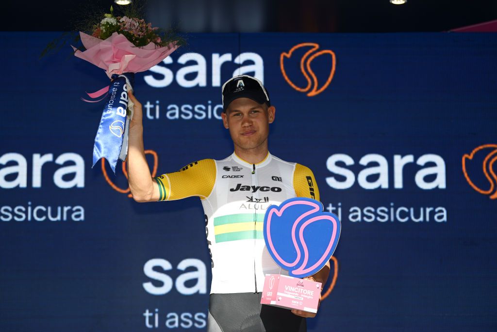 RAPOLANO TERME ITALY MAY 09 Luke Plapp of Australia and Team Jayco AlUla celebrates at podium as most combative rider prize winner during the 107th Giro dItalia 2024 Stage 6 a 180km stage from Viareggio to Rapolano terme 322m UCIWT on May 09 2024 in Rapolano terme Italy Photo by Dario BelingheriGetty Images