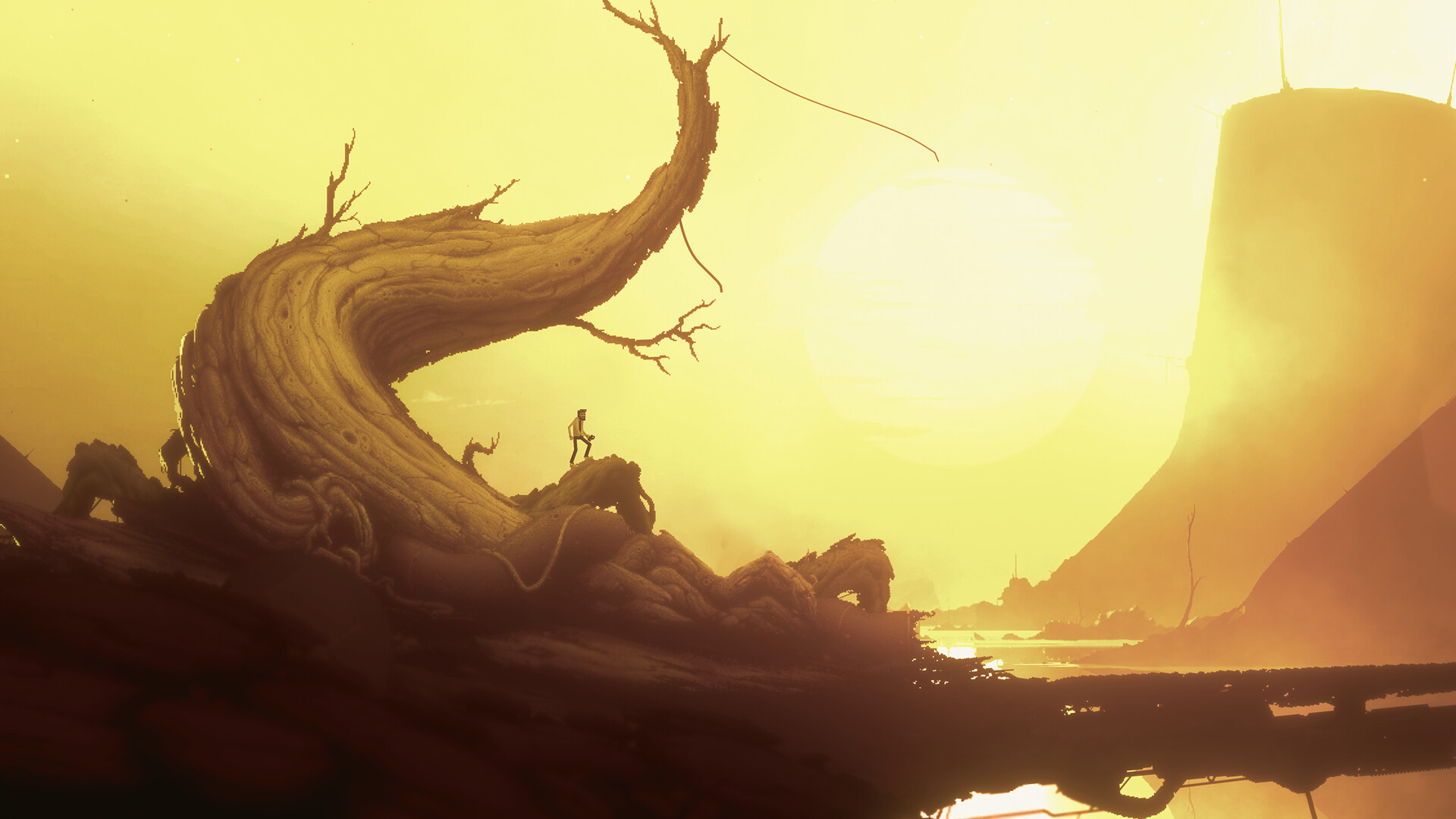 Bionic Bay screenshot – tree against yellow background