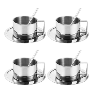 A set of chrome coffee cups with saucers and spoons