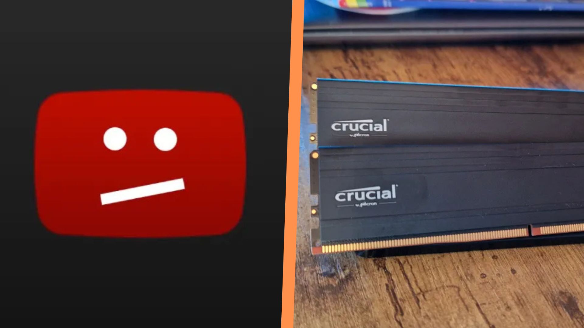A side by side image of the YouTube error logo with some Crucial DDR5 Pro RAM sticks