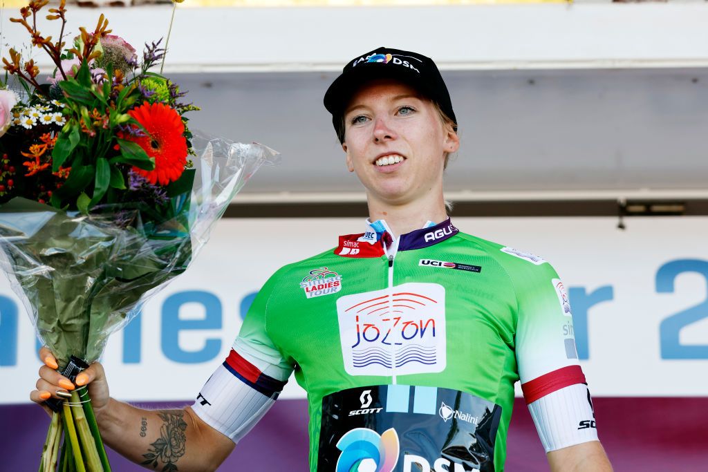 LELYSTAD NETHERLANDS AUGUST 30 Lorena Wiebes of Netherlands and Team DSM celebrates winning the Green points jersey on the podium ceremony after the 25th Simac Ladies Tour 2022 Stage 1 a 1412km stage from Lelystad to Lelystad SLT2022 UCIWWT on August 30 2022 in Lelystad Netherlands Photo by Bas CzerwinskiGetty Images