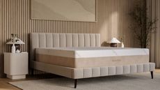 Saatva lifestyle image, neutral bedroom with paneled walls, beige bed, cream rug and matching cream side tables