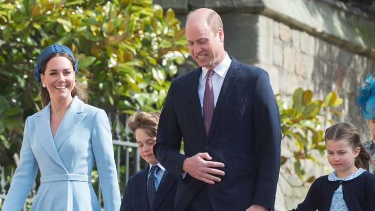  Prince William, Duke of Cambridge, Catherine, Duchess of Cambridge, Prince George and Princess Charlotte attend the traditional Easter Sunday Church service at St Georges Chapel in the grounds of Windsor Castle on April 17, 2022 in Windsor, England. 