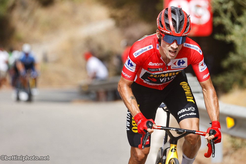 Primoz Roglic (Jumbo-Visma) attacking on stage 10 at the Vuelta a Espana