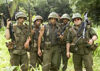 Tropic Thunder - Kevin Sandusky (Jay Baruchel), Alpa Chino (Brandon T Jackson), Tugg Speedman (Ben Stiller), Kirk Lazarus (Robert Downey Jr) and Jeff Portnoy (Jack Black)